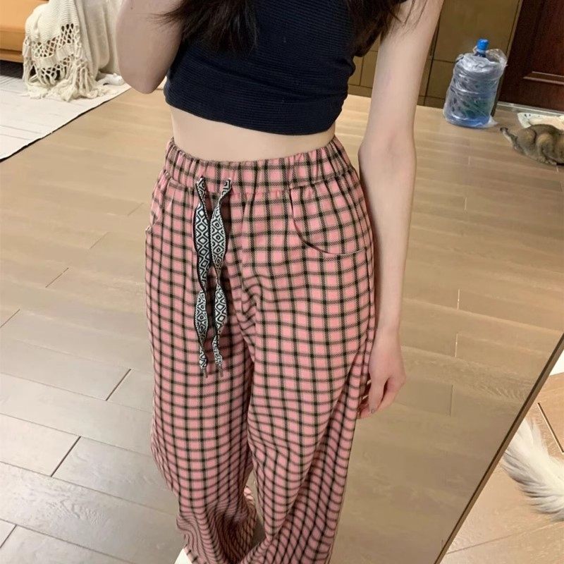 清仓捡漏粉色格子休闲运动阔腿裤子女夏宽松高腰直筒显瘦垂感长裤