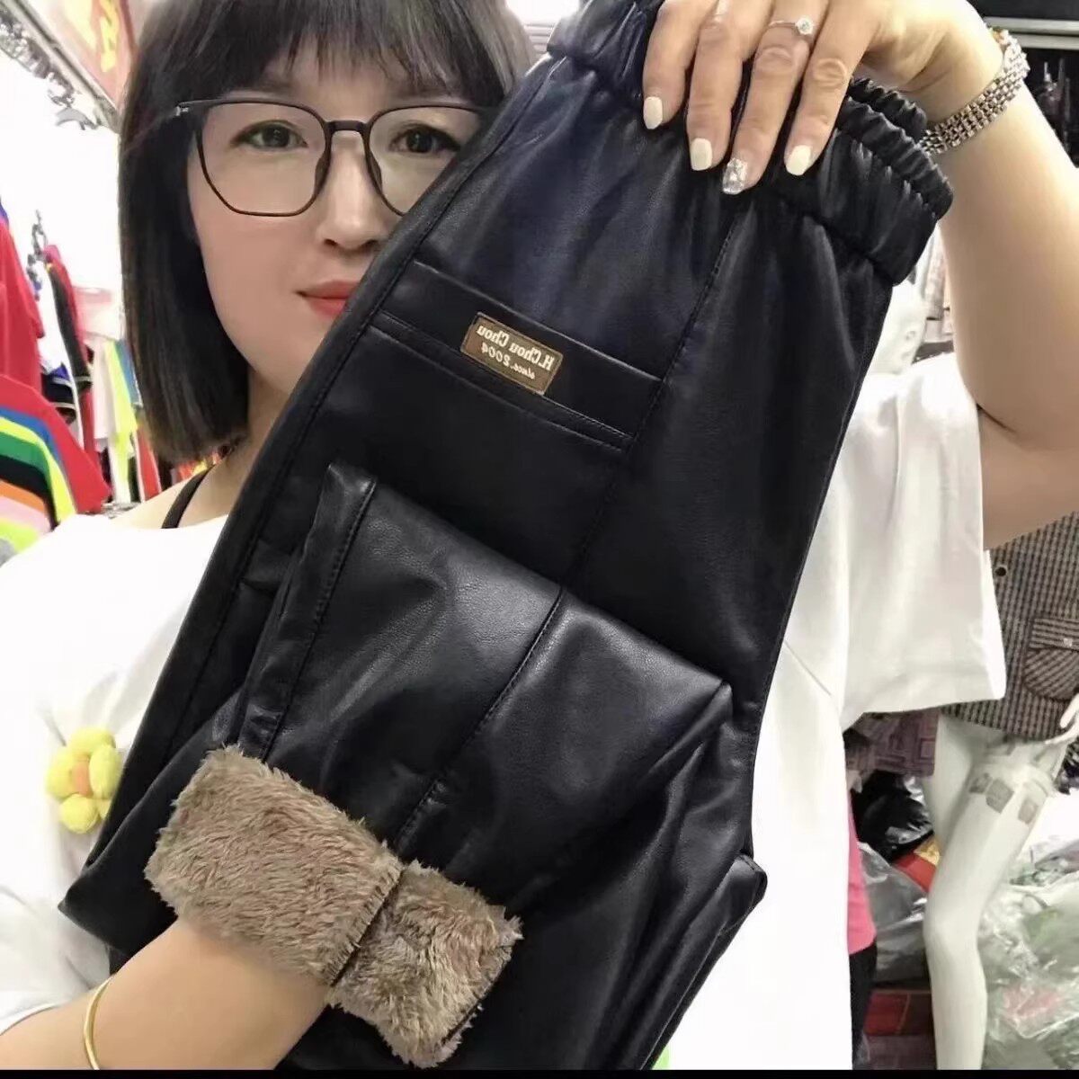 情侣皮裤羊羔绒加绒加厚直筒皮裤