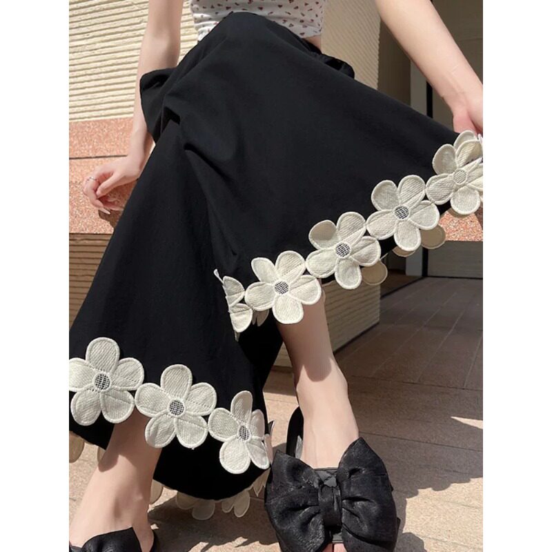 黑色设计感花朵休闲阔腿裤女夏季