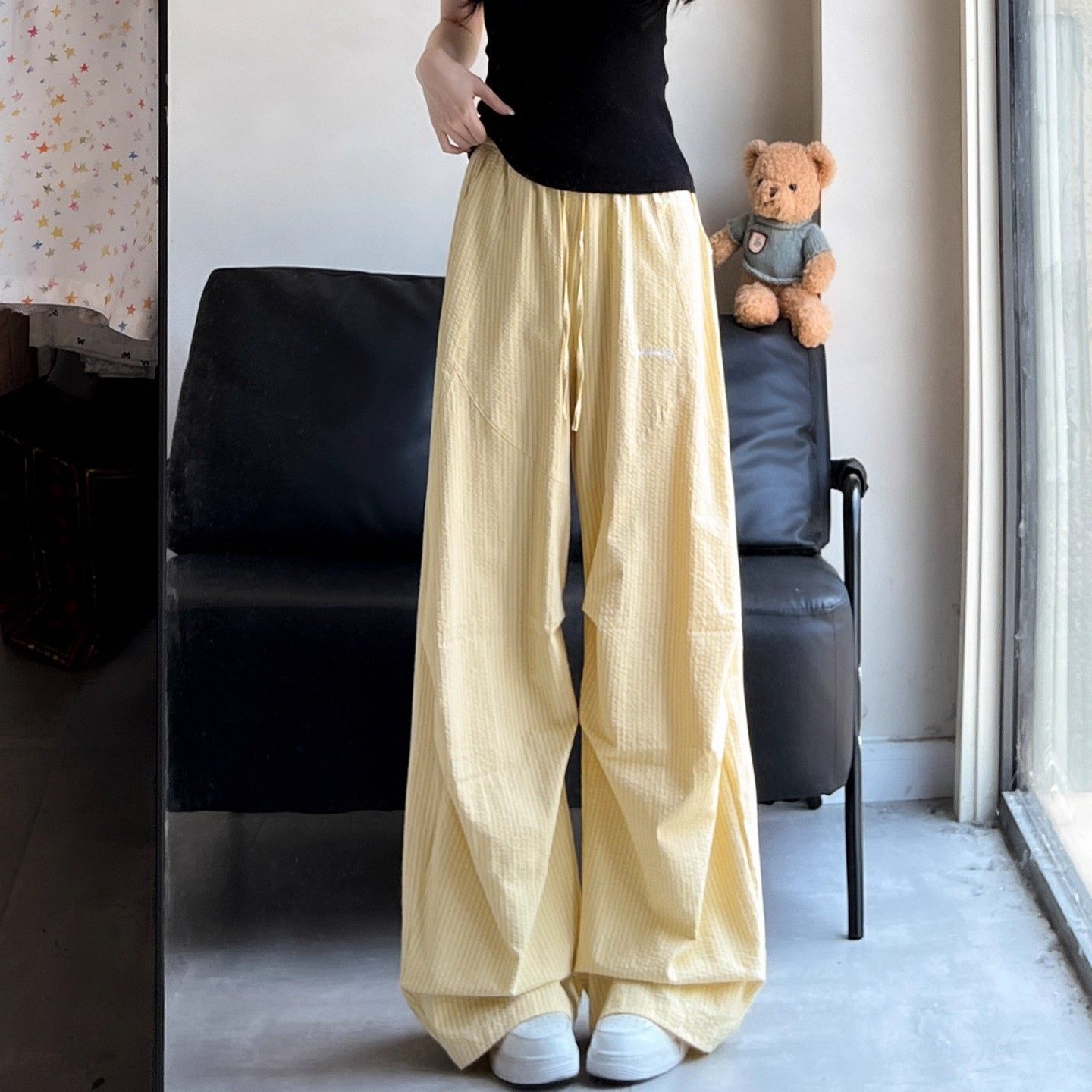 黄色条纹刺绣工装裤女夏季阔腿裤