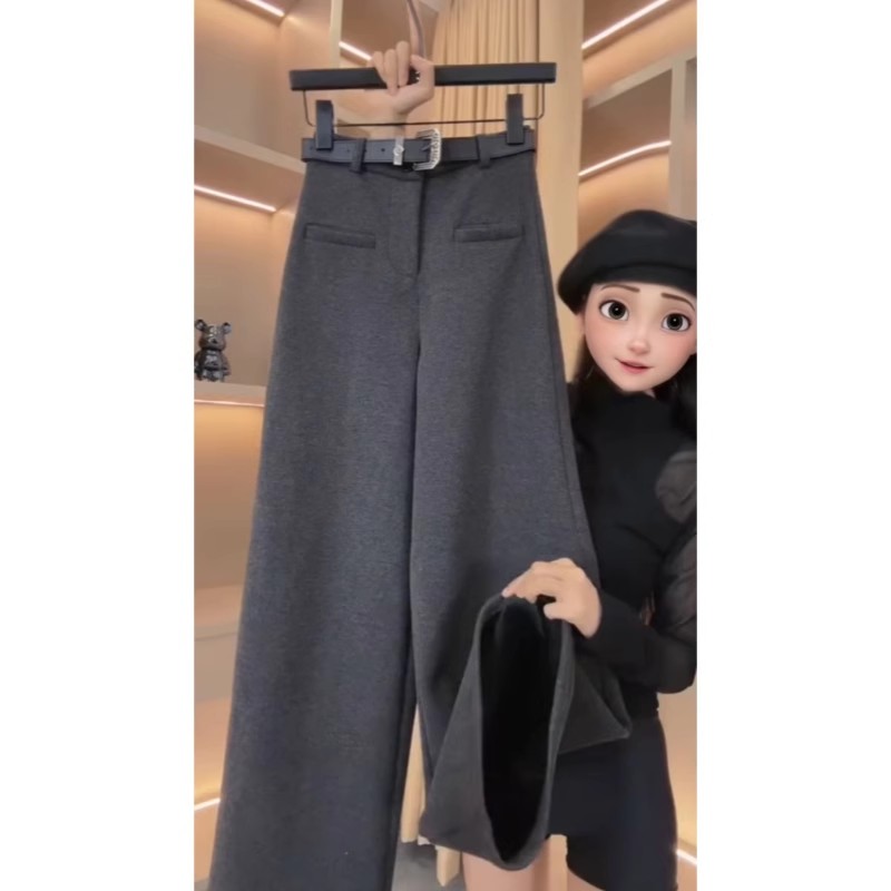 加绒毛呢裤子女秋冬季休闲阔腿裤