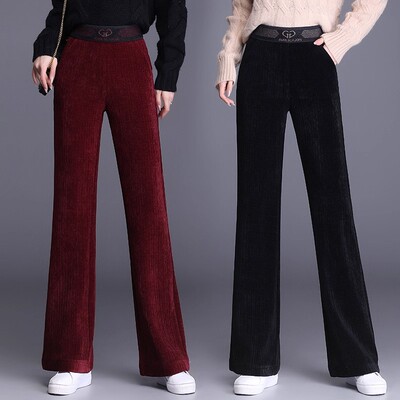 酒红色雪尼尔微喇阔腿裤女秋冬季
