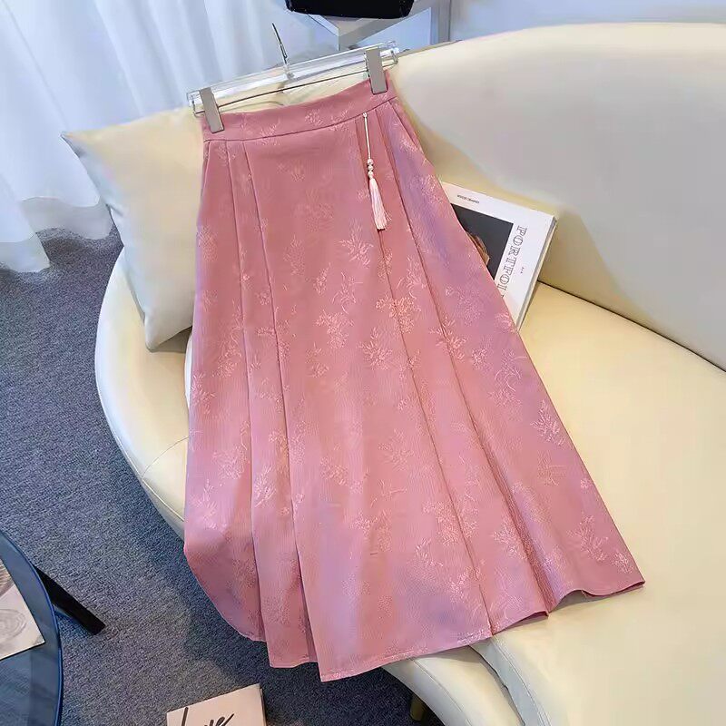 清仓捡漏~国风提花粉色半身裙女新中式马面长裙夏季气质a字百褶裙