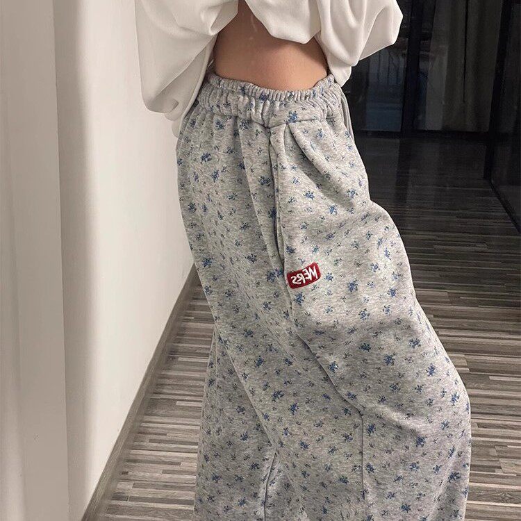 复古灰色碎花阔腿休闲裤子女夏季
