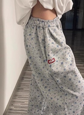 清仓捡漏复古灰色碎花阔腿休闲裤女夏季松紧腰宽松显瘦直筒运动裤