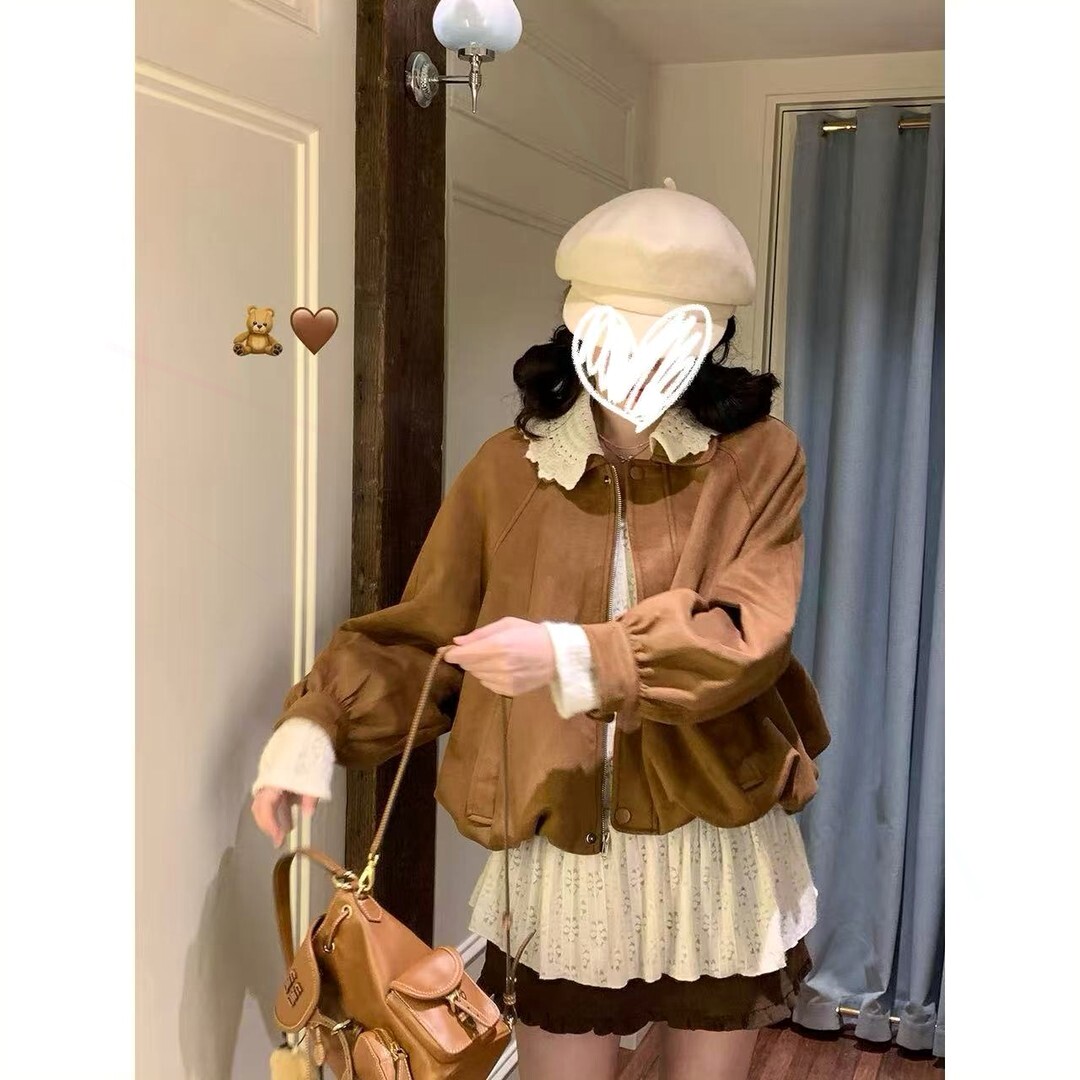 工作室原创时尚套装鹿皮绒外套女翻领百搭花边领秋季千金风短外套