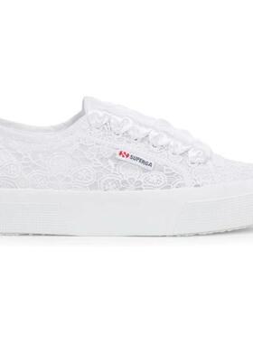 代购Superga女士运动板鞋透气舒适轻便防滑白色蕾丝材质系带设计