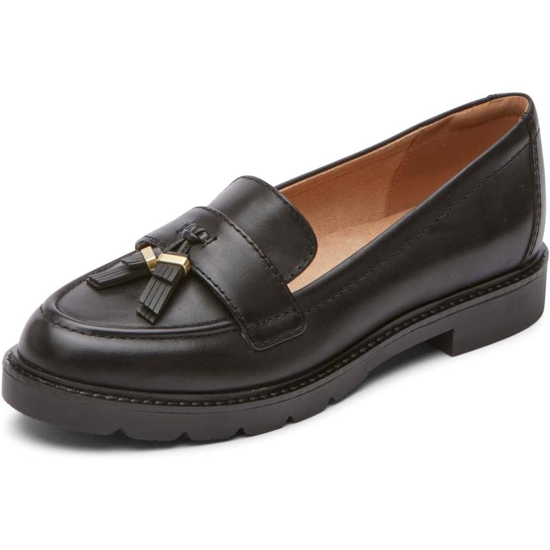 代购Rockport乐步乐福鞋女舒适防滑透气耐磨黑色真皮低跟流苏装