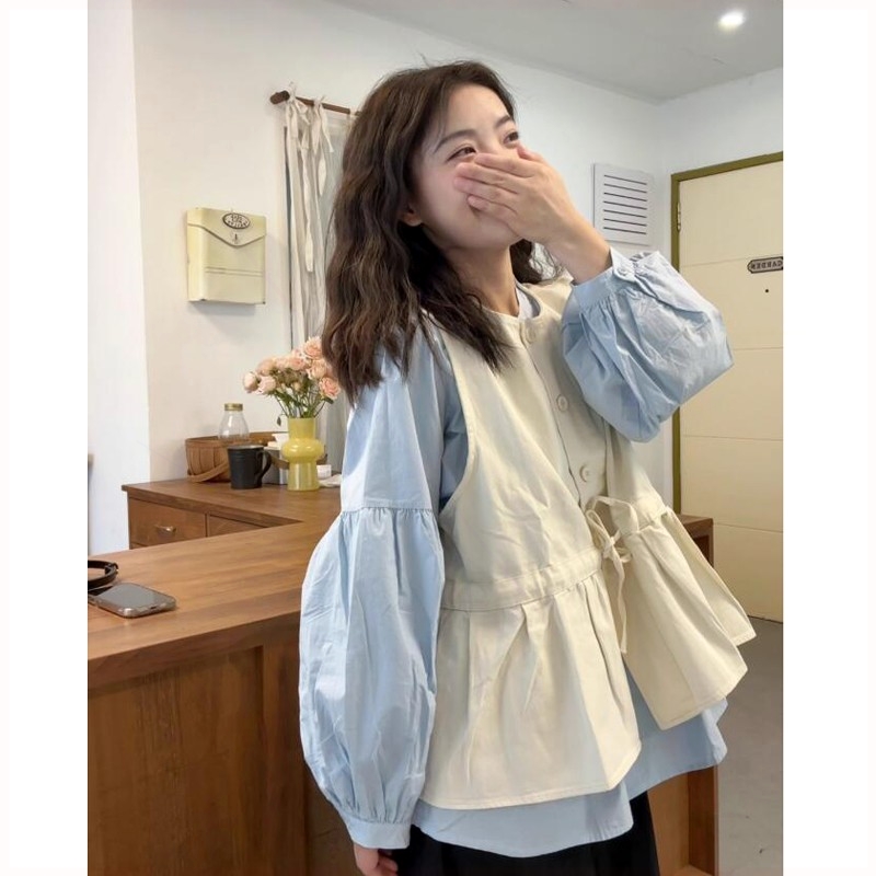 带圆领马甲衬衣叠穿长袖衬衫工作