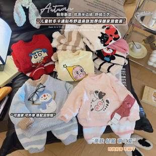 儿童家居服秋冬加厚保暖女童半边绒珊瑚绒男童睡衣卡通套装A类