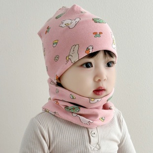 婴儿帽子秋冬季纯棉幼儿双层保暖宝宝冬季围巾两件套男童女童卡通