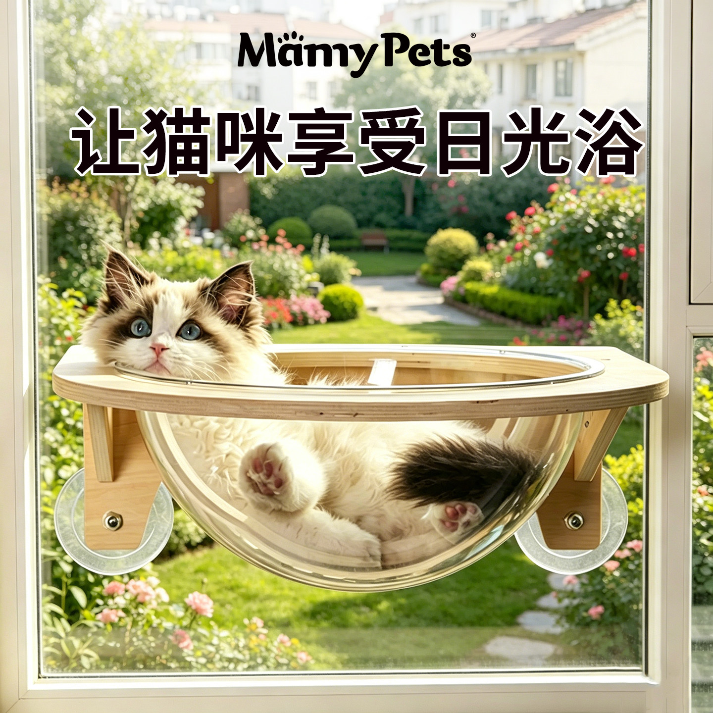太空舱猫窝悬挂猫咪窗户吊床玻璃吸盘透明实木猫爬架晒太阳神器