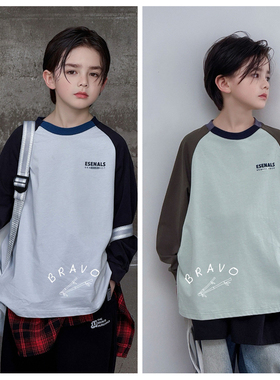 布芮欧2025秋新款男童女童拼色纯棉长袖T恤中大童儿童童装潮88269