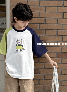 牛哆哆2025夏新款男童女童卡通拼色短袖T恤中大童儿童童装潮63815