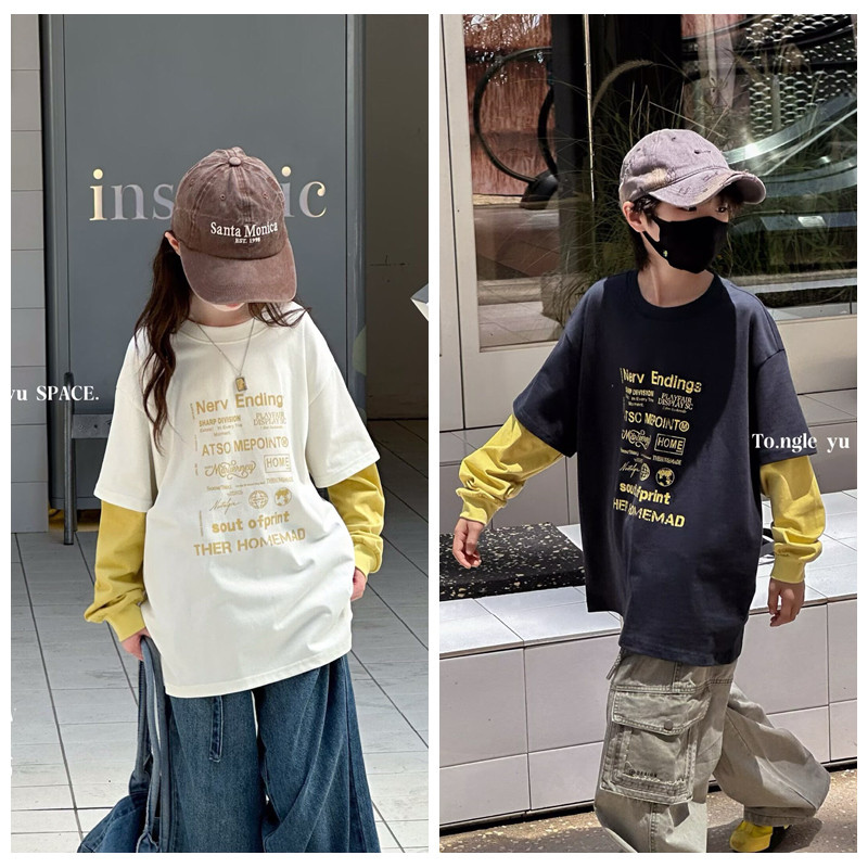 童乐鱼2025秋新款男女童拼接假两件长袖T恤中大童儿童童装潮9507,童装/婴儿装/亲子装,T恤,淘宝优惠券,粉丝福利购,淘宝优惠卷