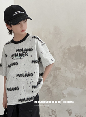 牛哆哆2025夏新款男童女童字母纯棉短袖T恤中大童儿童童装潮76107