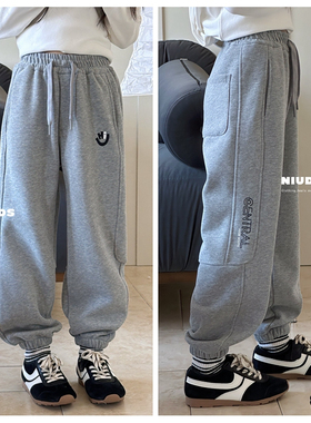 牛哆哆2024冬新款男童女童加绒休闲裤宽松韩版中大童儿童潮53777