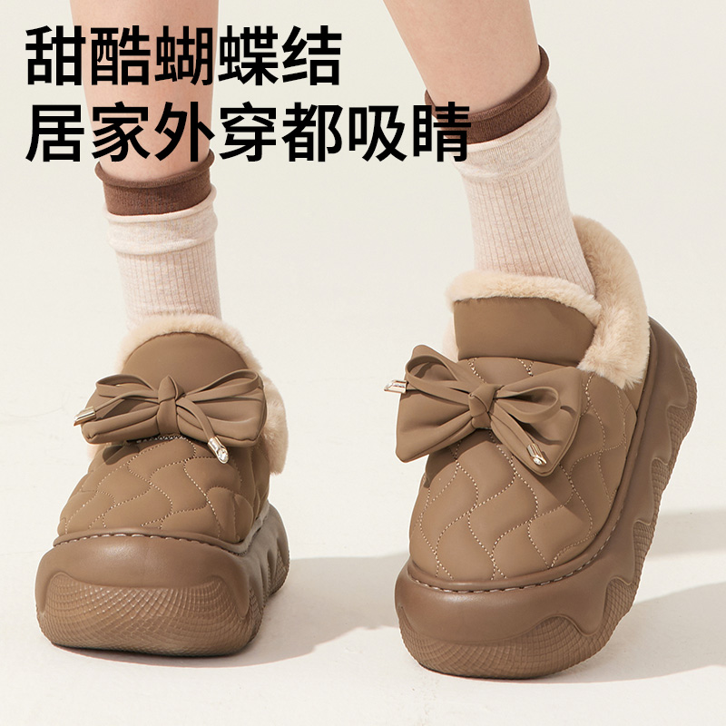 防水蝴蝶结棉拖鞋女冬季外穿保暖