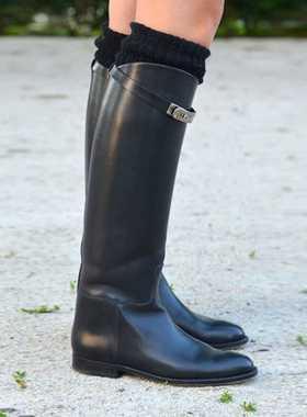 高筒靴真皮直筒平底不过膝H长靴2025秋冬百搭kelly扣骑士靴女鞋子