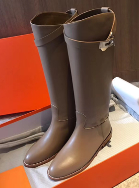 秋冬新款h女靴高筒直筒靴平底不过膝长靴真皮kelly扣骑士靴女鞋子