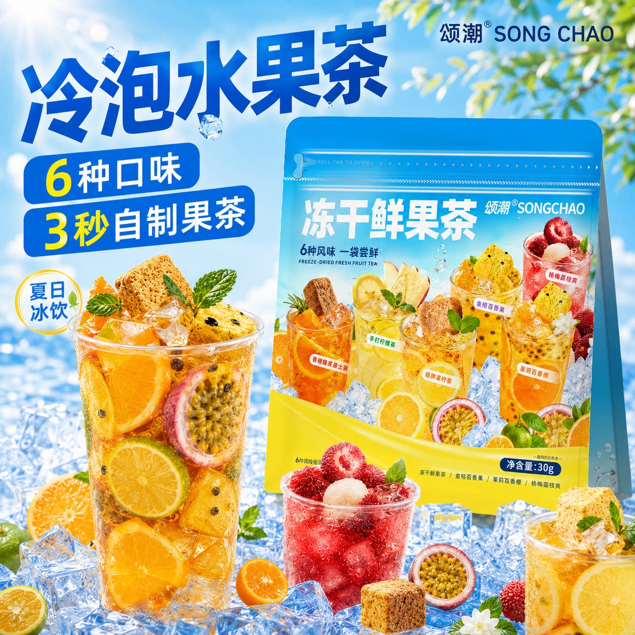 颂潮冷泡果茶水果茶独立小包装组合冻干金桔柠檬百香果冲饮茶包