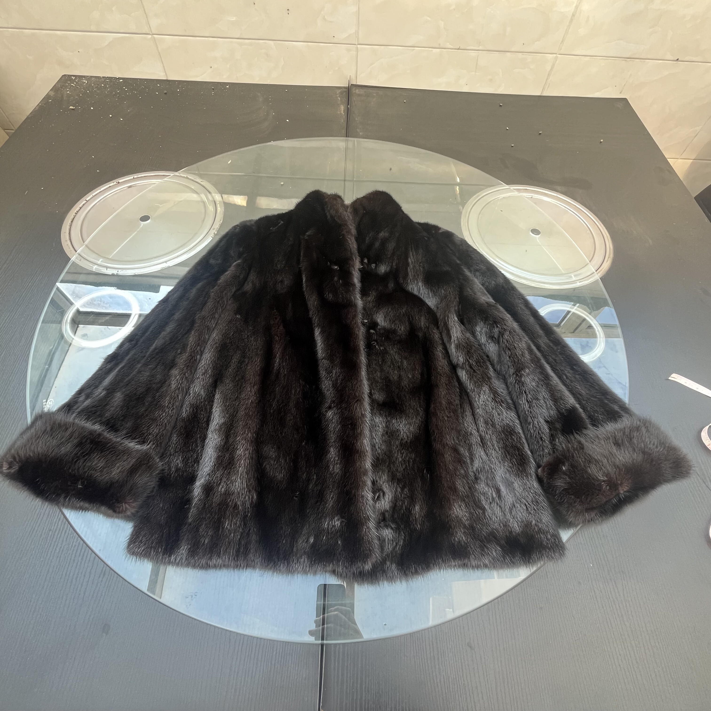 vintage进口貂皮大衣女中长款整貂中古皮草黑色立领挽袖SAGA认证