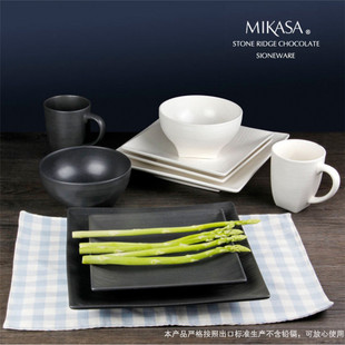 美国名品Mikasa方形螺纹盘 碗 杯套装出口原单陶瓷餐具【有LOGO】