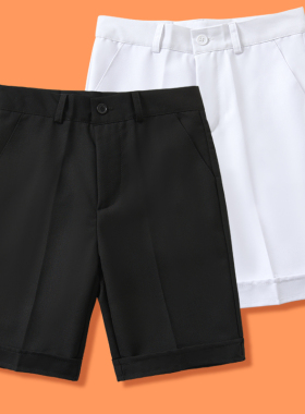 儿童西装短裤男童黑色西裤夏季大童白色中裤背带裤小学生西服裤子