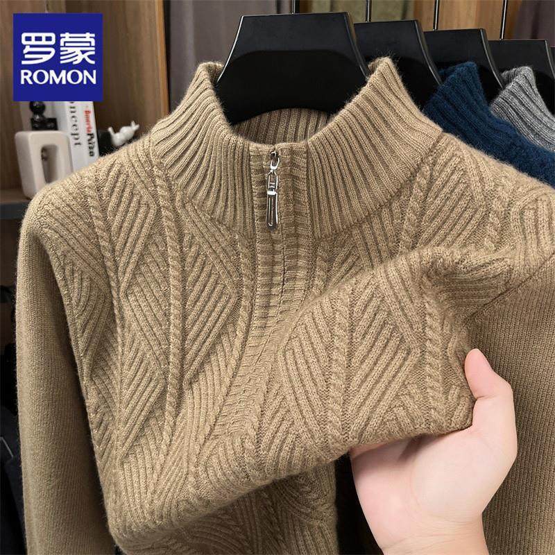 罗蒙冬款羊毛衫男士半高拉链领加厚毛衣中年爸爸装针织柔软打底衫