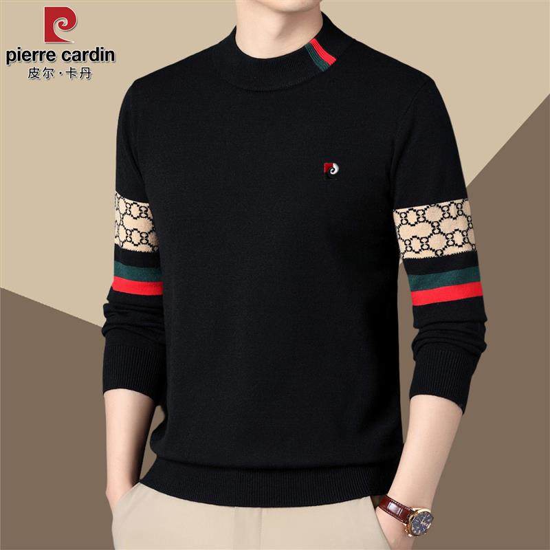 皮尔卡丹秋冬羊毛衫男士半高领条纹撞色修身保暖加绒毛衣时尚休闲