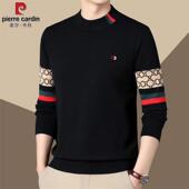 皮尔卡丹秋冬羊毛衫 休闲 保暖加绒毛衣时尚 男士 半高领条纹撞色修身
