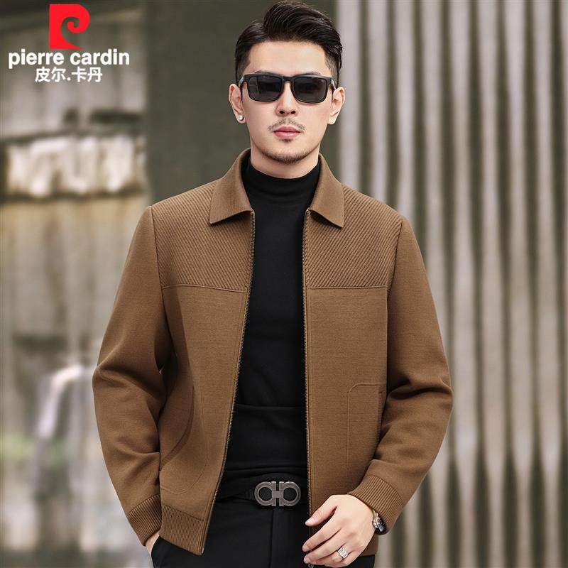 皮尔卡丹春秋男士翻领天丝夹克短款中年爸爸装百搭针织外套高级感