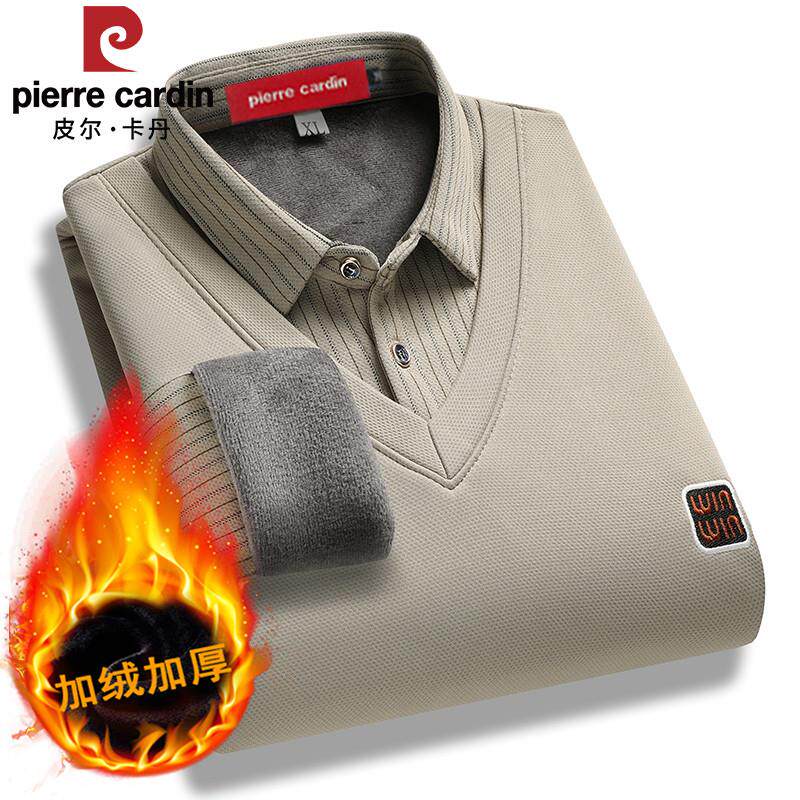 皮尔卡丹假两件衬衫领毛衣男中青年针织羊毛衫冬季加绒加厚保暖衣