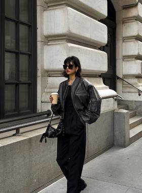 frankieshop秋冬棒球皮衣Veneti.a博主同款短款ins风上衣俏皮气息