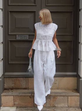 25年新款棉麻圆领无袖褶皱蓬蓬透气上衣dissh上衣