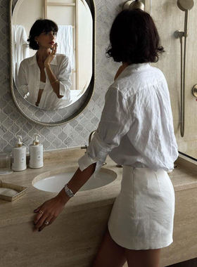 Veneti.a博主同款法式复古亚麻衬衫女度假风宽松休闲百搭上衣短裙