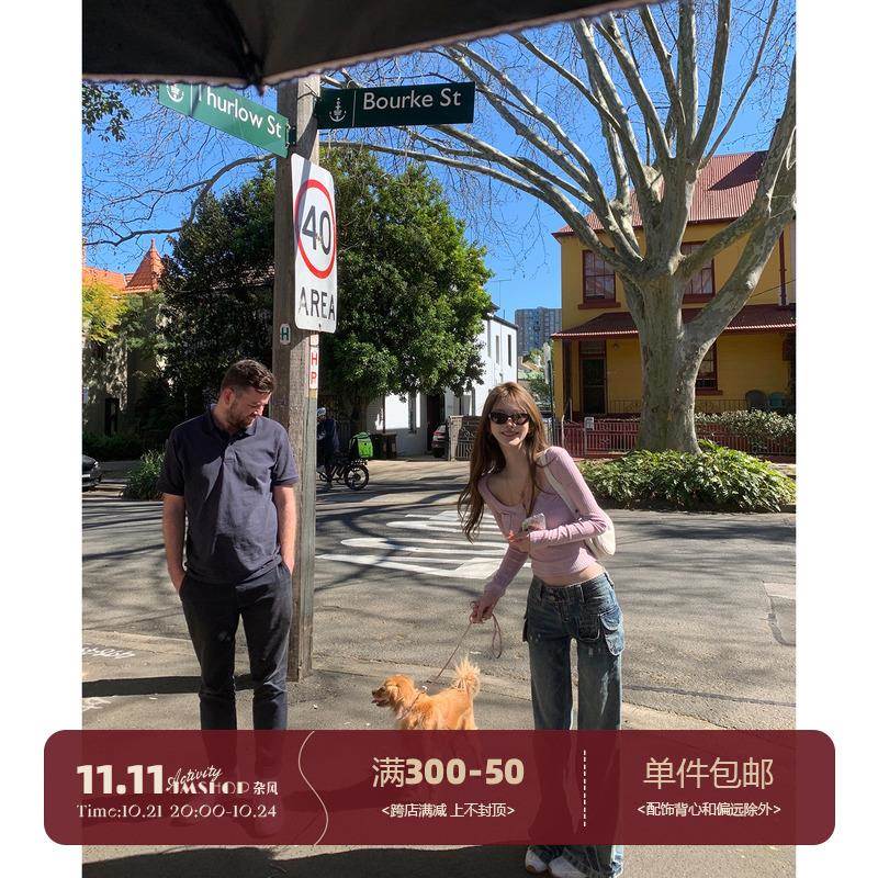 JMSHOP 拽姐很辣 美式多口袋重工低腰牛仔裤女设计感秋季工装裤子