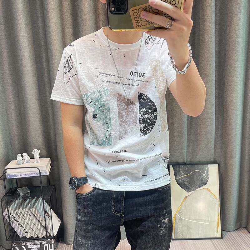 潮牌夏季新款高端男装上衣修身印花体恤衫短袖t恤男天丝棉麻衣服
