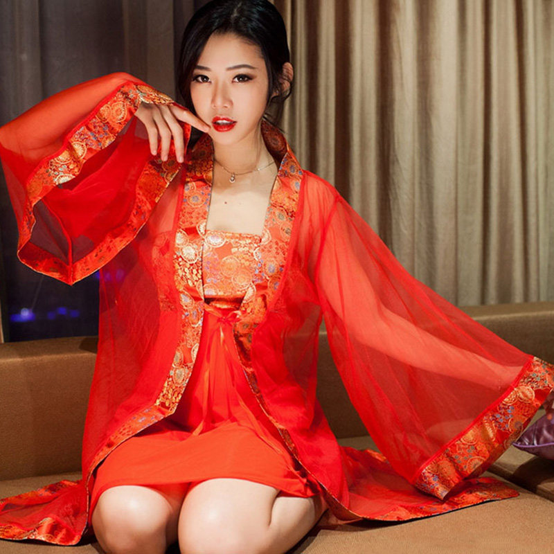 性感宫廷抹胸新娘红古代服装唐朝贵妃套透明制服诱惑睡衣情趣内衣
