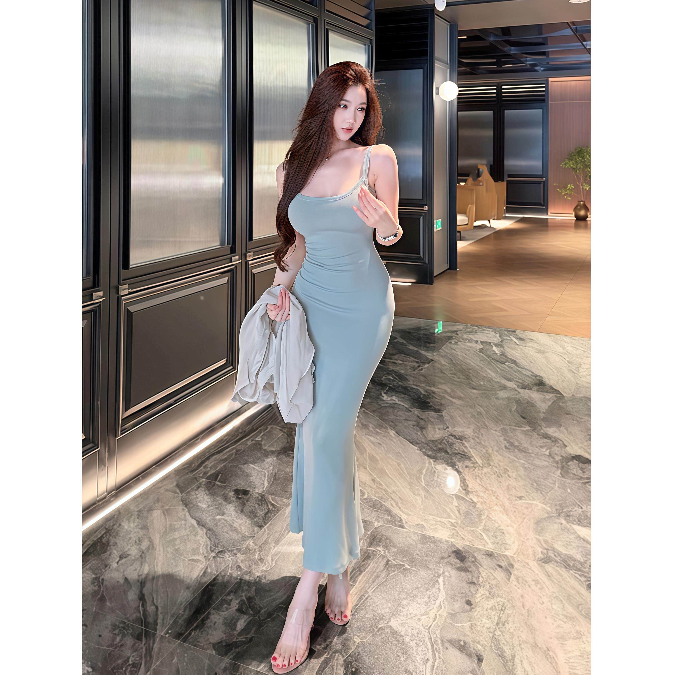 法式性感辣妹风U领吊带洋装女夏季收腰显瘦高级感带胸垫包臀裙