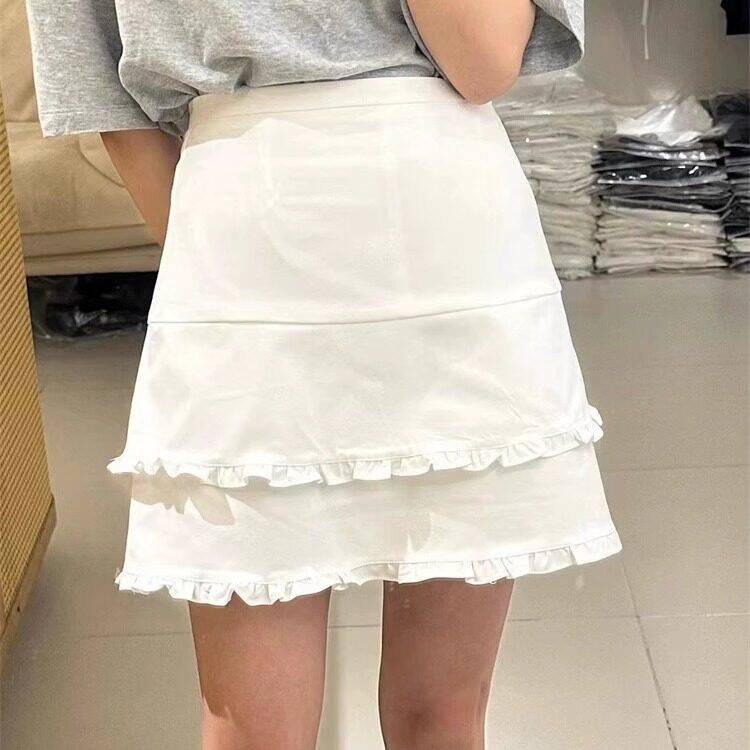 白色木耳边半身裙女高腰