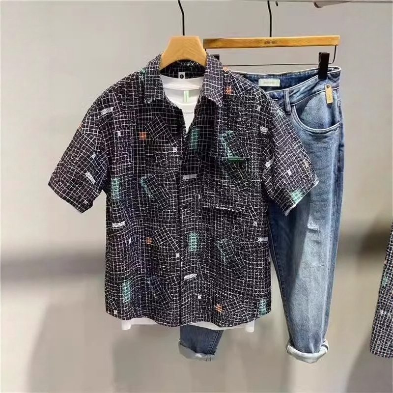 男士衬衫新款夏季短袖格子百搭时尚衬衣休闲宽松韩版青年外套上衣