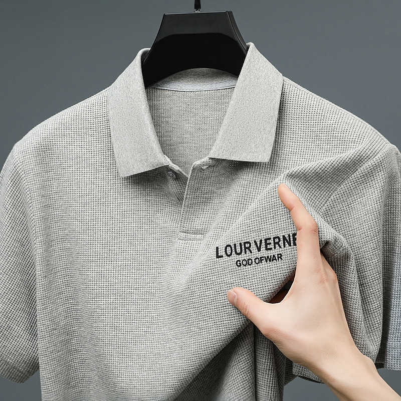 美式复古华夫格刺绣短袖衬衫男士夏季时尚宽松简约百搭休闲衬衣男