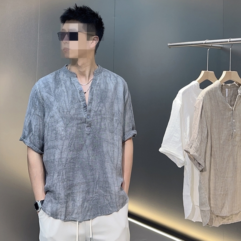 纯色立领亚麻衬衫男夏季简约透气时尚短袖休闲通勤宽松薄款衬衣男