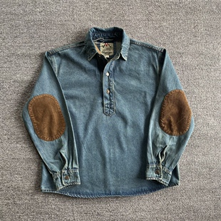 春秋款灯芯绒肘部补丁宽松半扣牛仔套头衬衫美式翻领做旧工装上衣