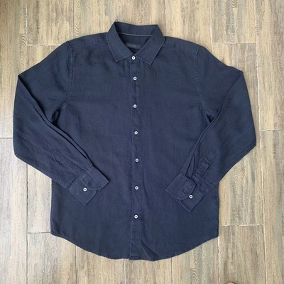 出口单80%亚麻混纺长袖衬衫休闲水洗商务纯色通勤透气衬衣男春夏