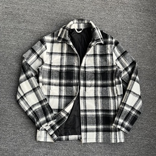 出瑞典秋冬季百搭拉绒感衬衫式外套毛呢格子男士休闲厚款翻领夹克