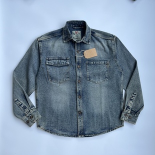 衬衣外套休闲复古衬衣 春秋款 腰果花领拼接怀旧水洗牛仔衬衫 男长袖