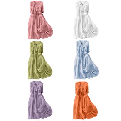 2026跨境亚马逊新款女士休闲棉麻纯色宽松连衣裙