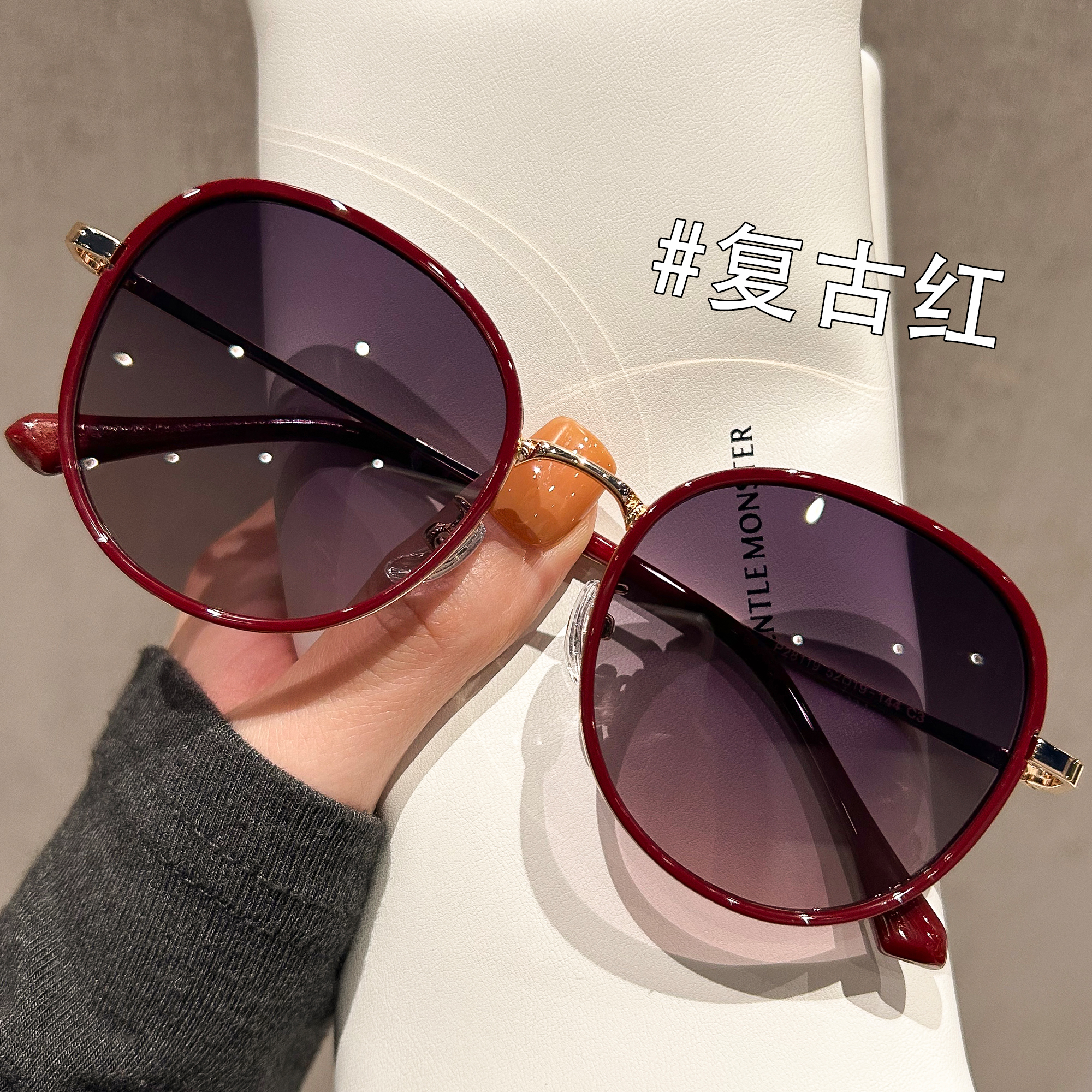 复古红色圆形偏光墨镜女款2025新款高级感近视带度数防晒太阳镜